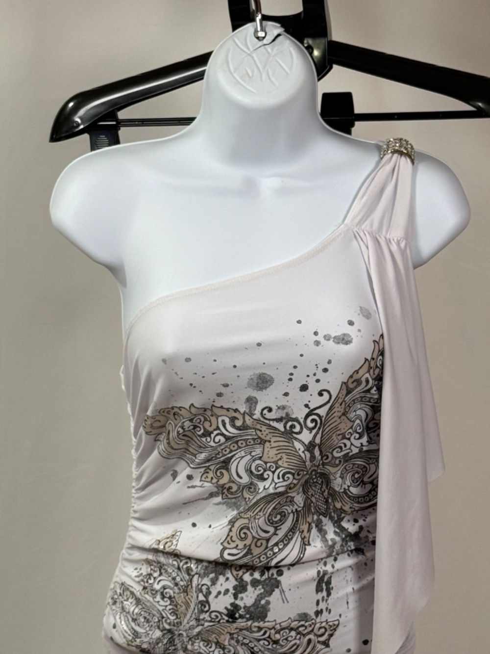 DeMore White One Shoulder Ruched Rhinestone Dress M - Picture 3 of 13